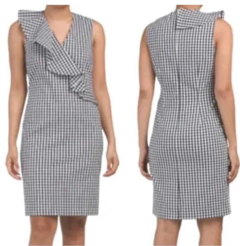 J. McLaughlin Kathryn Navy Gingham Ruffle Sheath Dress Size 8 Preppy Chic